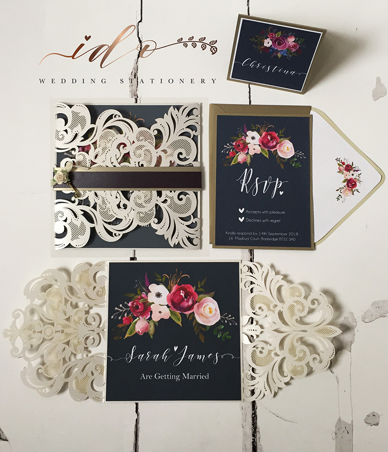 Navy Watercolour Floral Wedding Invitation Suite.