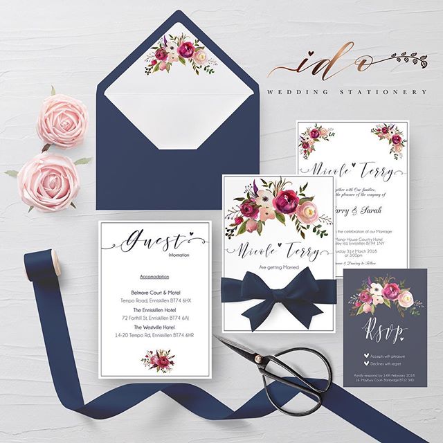 Navy floral Wedding Invitation Suite. Gorgeous deep red and pink florals to compliment the rich navy. 5×7 Invitation, guest information card, C6 RSVP, co-ordinating envelope liner. table plan, name cards and table numbers were made to match