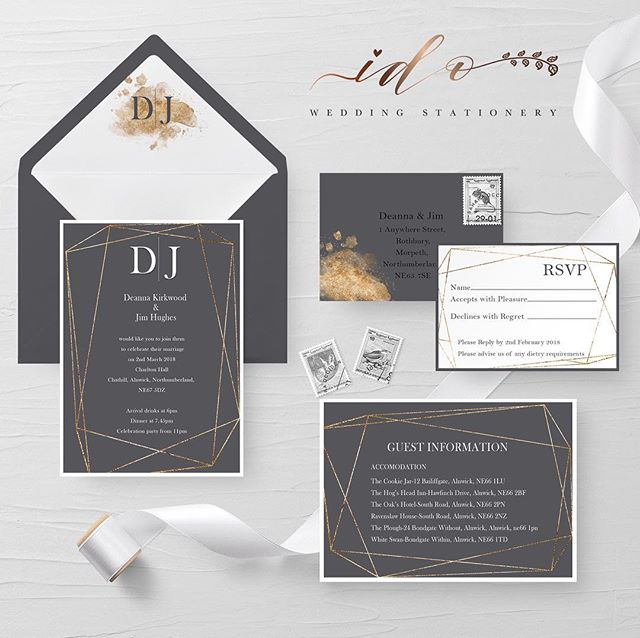 Charcoal Grey and Gold Dust Wedding Invitation suite. Minimalistic gold geometric design. Simple but elegant. This set came in a 5”x7” pocket folder in charcoal grey with matching belly band. Invitation ,RSVP, guest information, Wishing Well card