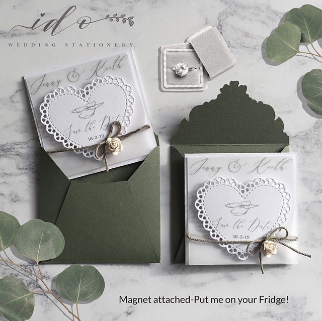 Have you set a Date?? Then you’ll be needing these Cute but elegant Save the Date Fridge Magnet Cards. Die cut lace edged heart, Attached to Printed Vellum and 300gsm white card.  8cm x 8cm total size, Finished with Sage green twine and an Ivory rose. Sage green Co-Ordinating Envelopes