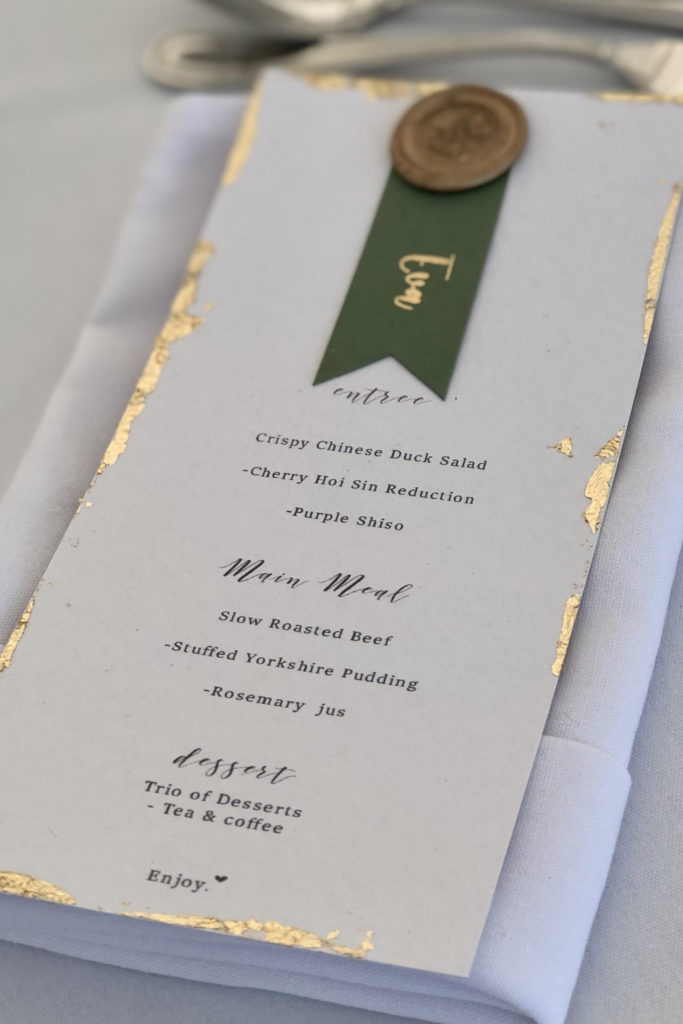 Guest Name on Menu with gold leaf